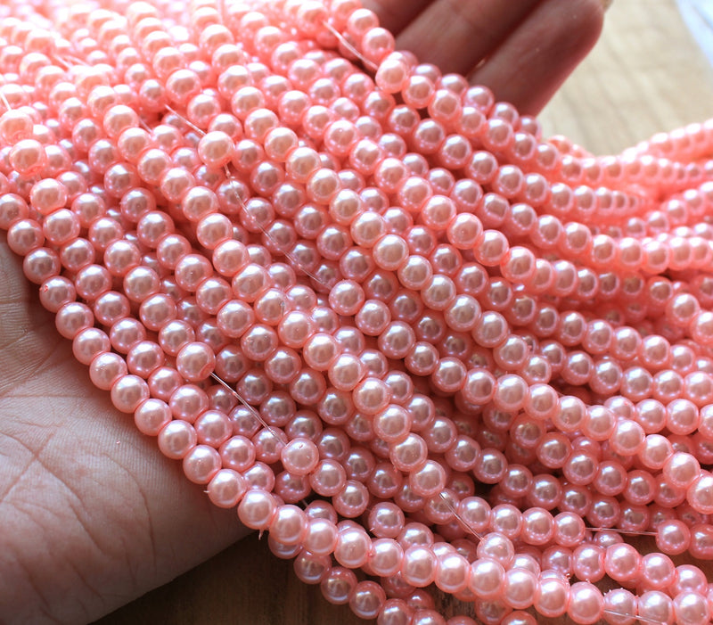 1 Strand of 6mm Glass Pearl Beads ~ Pink ~ approx. 135 beads