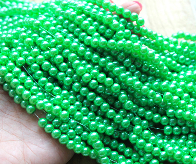 1 Strand of 6mm Glass Pearl Beads ~ Fresh Green ~ approx. 140 beads