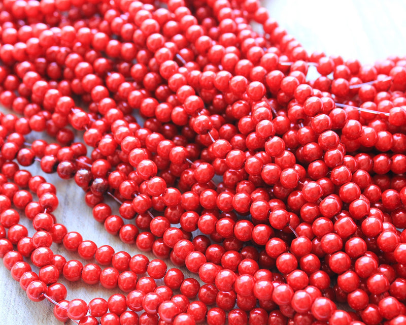 1 Strand of 6mm Glass Pearl Beads ~ Coral Red ~ approx. 135 beads