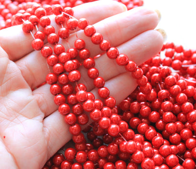 1 Strand of 6mm Glass Pearl Beads ~ Coral Red ~ approx. 135 beads