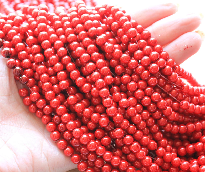 1 Strand of 6mm Glass Pearl Beads ~ Coral Red ~ approx. 135 beads