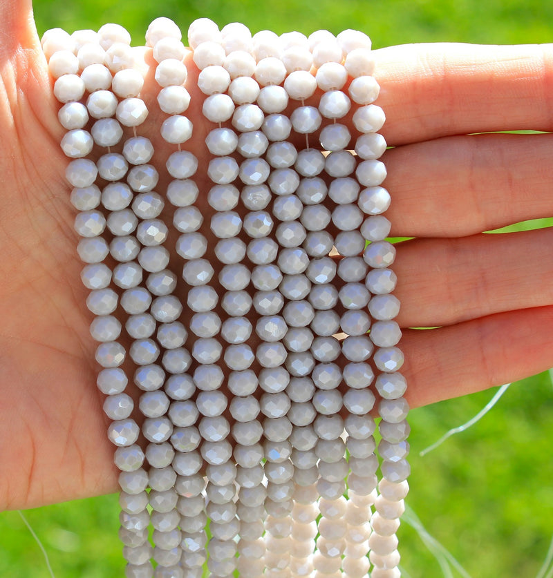 1 Strand of 6x5mm Faceted Crystal Glass Rondelle Beads ~ Opaque Lustred Lt. Grey ~ approx. 85 beads