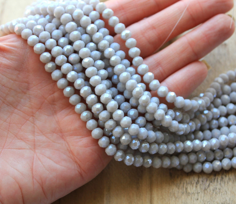 1 Strand of 6x5mm Faceted Crystal Glass Rondelle Beads ~ Opaque Lustred Lt. Grey ~ approx. 85 beads