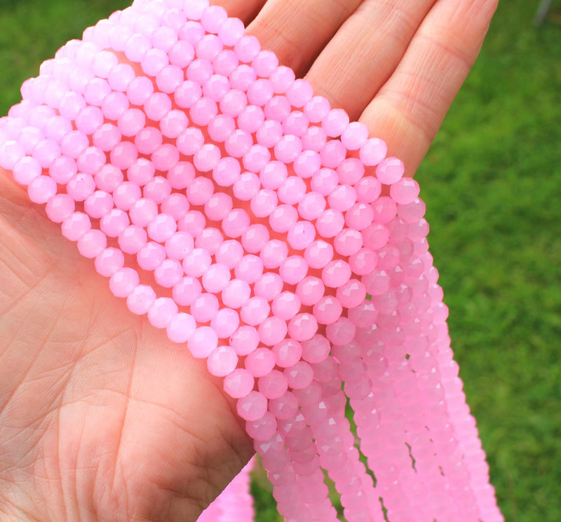 1 Strand of 6x5mm Faceted Crystal Glass Rondelle Beads ~ Jade Style Pink ~ approx. 85 beads