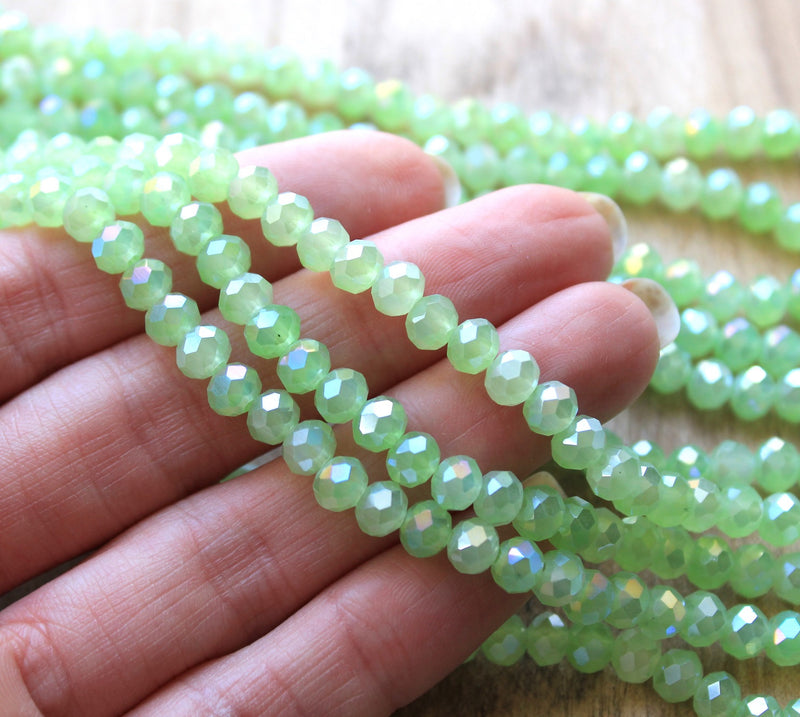 1 Strand of 6x5mm Faceted Crystal Glass Rondelle Beads ~ Jade Style Light Green AB ~ approx. 85 beads