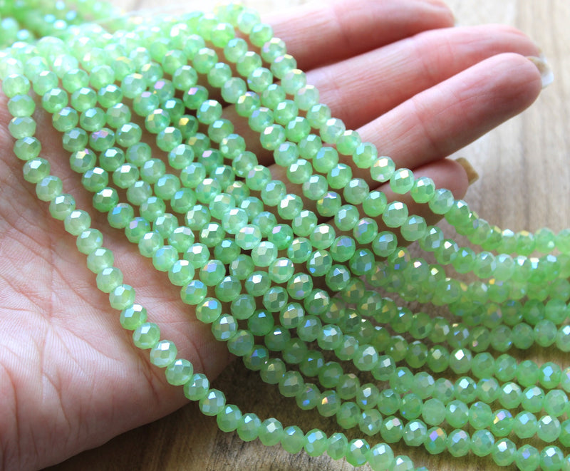 1 Strand of 6x5mm Faceted Crystal Glass Rondelle Beads ~ Jade Style Light Green AB ~ approx. 85 beads