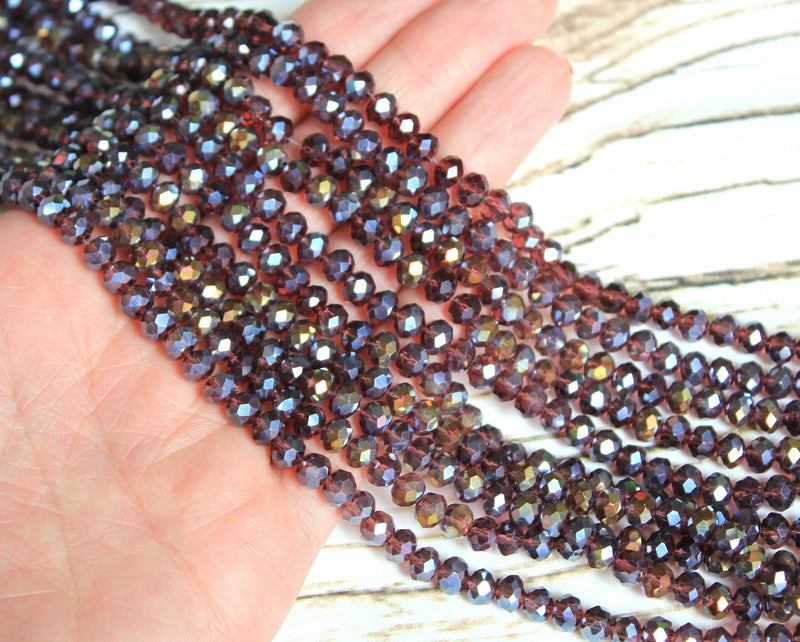 1 Strand of 6x5mm Faceted Glass Rondelle Beads ~ Electroplated Amethyst ~ approx. 88 beads