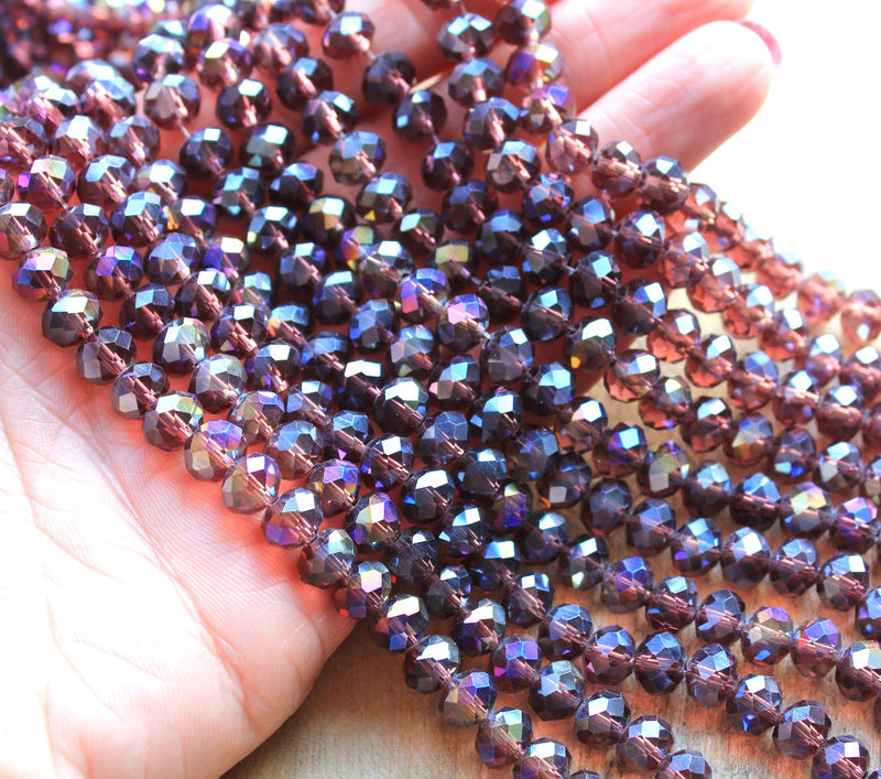 1 Strand of 8x6mm Faceted Glass Rondelle Beads ~ Electroplated Amethyst ~ approx. 72 beads