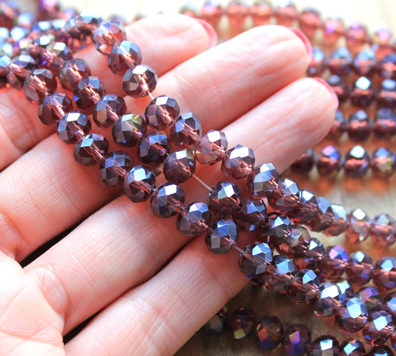 1 Strand of 8x6mm Faceted Glass Rondelle Beads ~ Electroplated Amethyst ~ approx. 72 beads