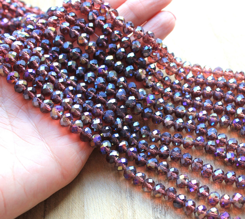 1 Strand of 8x6mm Faceted Glass Rondelle Beads ~ Electroplated Amethyst ~ approx. 72 beads