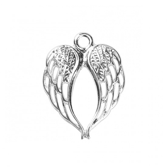 2 x Silver Plated Heart Shaped Wings Charms ~ 22x17mm