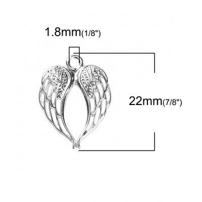 2 x Silver Plated Heart Shaped Wings Charms ~ 22x17mm