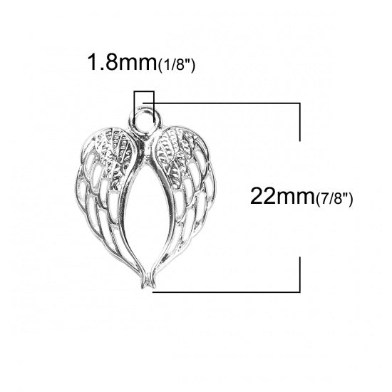 2 x Silver Plated Heart Shaped Wings Charms ~ 22x17mm