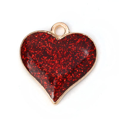 17x16mm Gold Plated Red Glitter Heart Charm