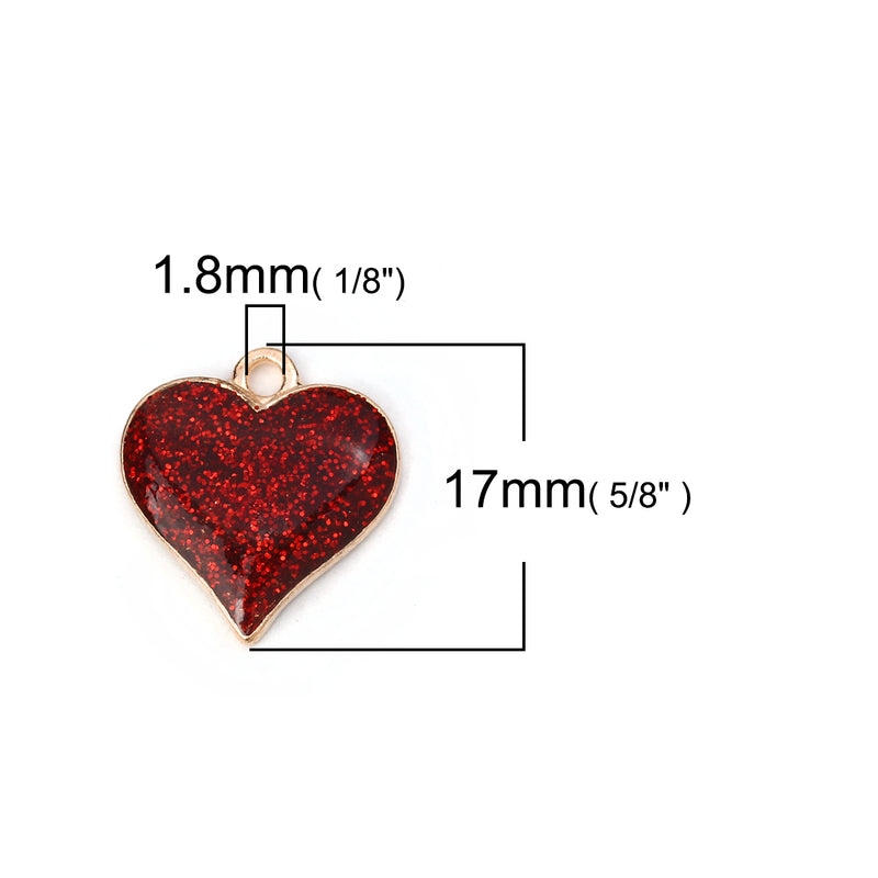 17x16mm Gold Plated Red Glitter Heart Charm
