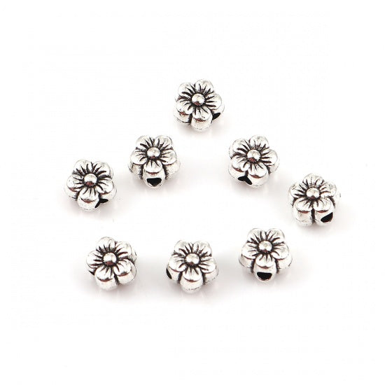 7x6mm Antique Silver Flower Beads ~ 5 beads