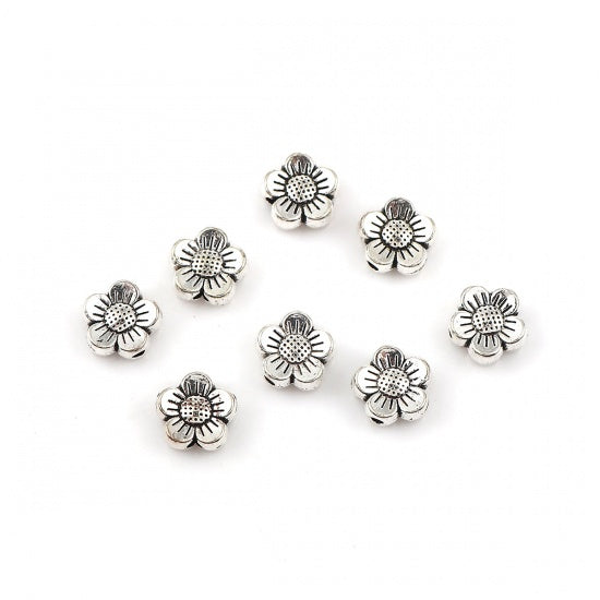 8mm Antique Silver Flower Beads ~ 5 beads
