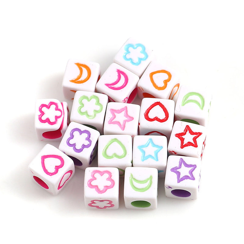 6x6mm Acrylic Cube Beads ~ Heart, Flower, Moon, Star Pattern Mix ~ White/Multicolour ~ 50 Beads