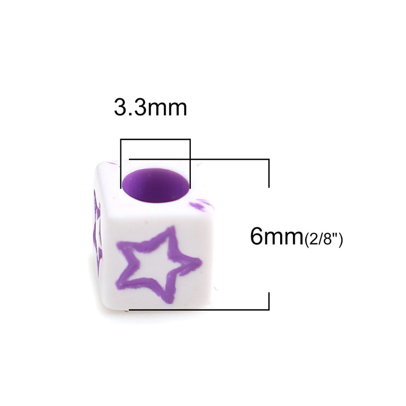 6x6mm Acrylic Cube Beads ~ Heart, Flower, Moon, Star Pattern Mix ~ White/Multicolour ~ 50 Beads