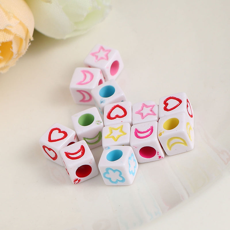 6x6mm Acrylic Cube Beads ~ Heart, Flower, Moon, Star Pattern Mix ~ White/Multicolour ~ 50 Beads