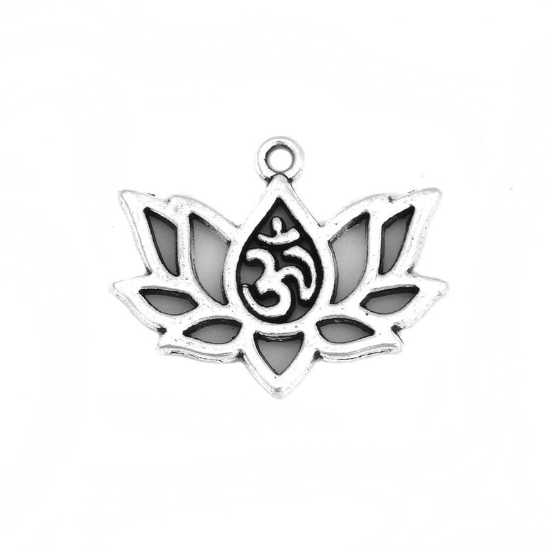 20x16mm Antique Silver Plated Lotus Charms With Om Symbol ~ Pack of 2