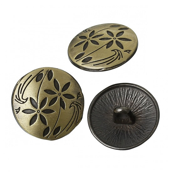 17mm Antique Bronze Shank Button ~ Flowers