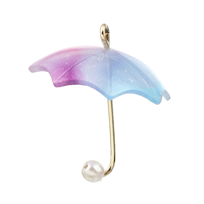20x18mm Gold Plated Blue Resin Umbrella Charm with Faux Pearl