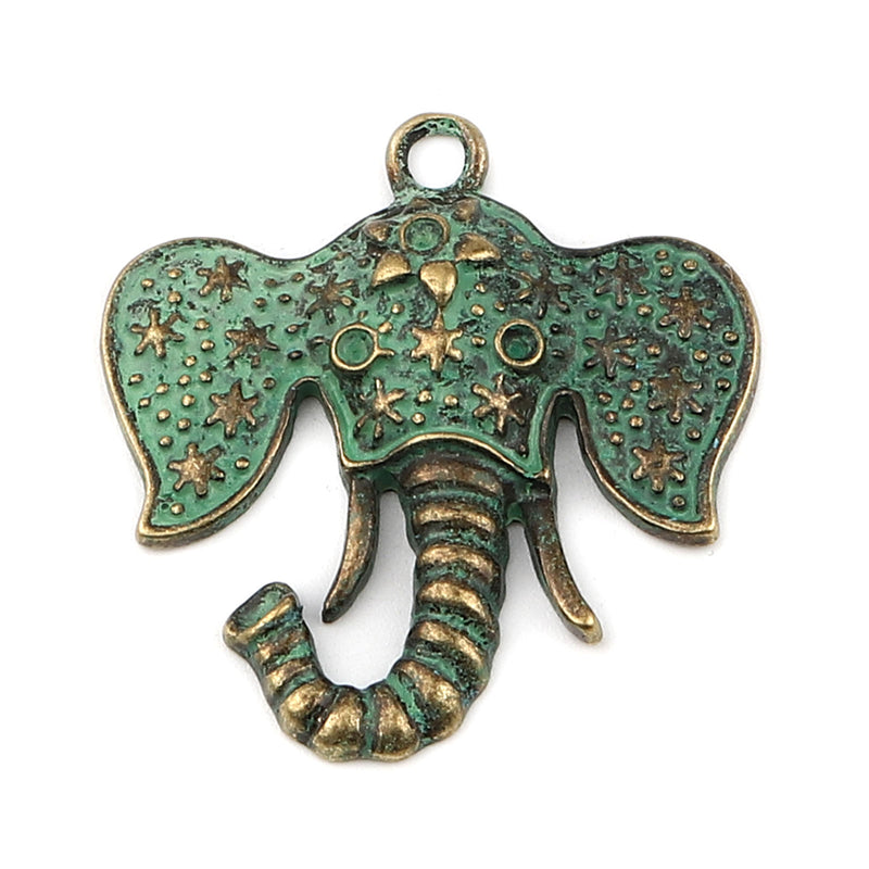 36x35mm Elephant Head Pendant ~ Antique Bronze and Green Patina