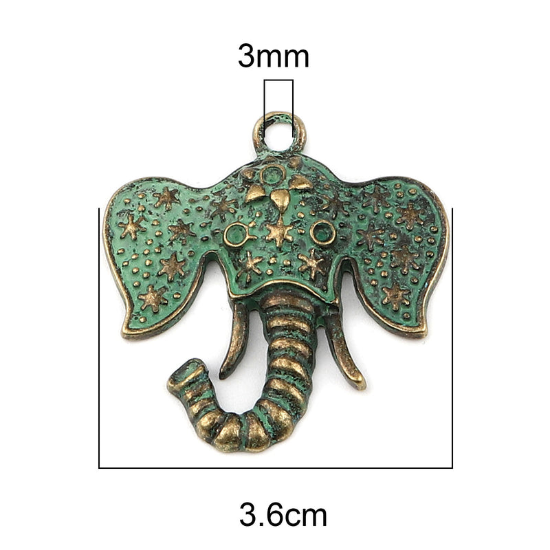 36x35mm Elephant Head Pendant ~ Antique Bronze and Green Patina