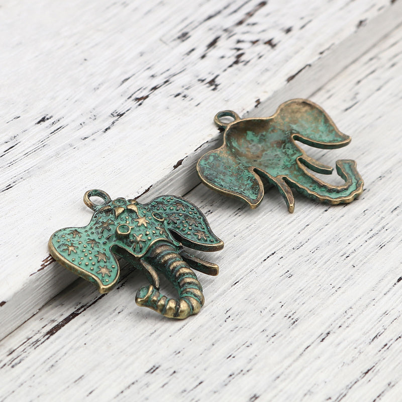 36x35mm Elephant Head Pendant ~ Antique Bronze and Green Patina