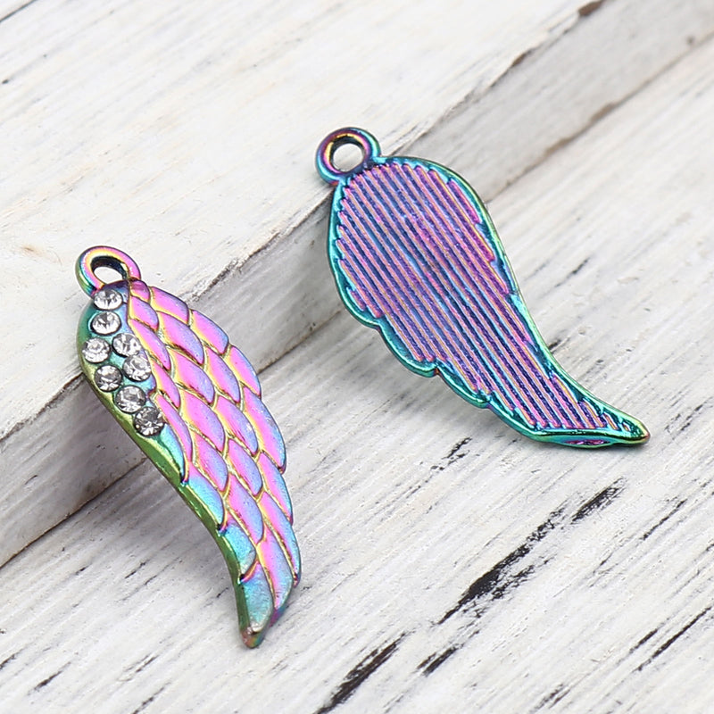 30x11mm Multicolour Plated Wing Charm / Pendant with Crystals