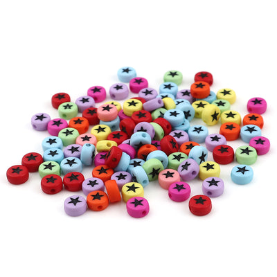 7x3.5mm Flat Round Acrylic Beads ~ Mixed Colours with Black Stars ~ 30 beads