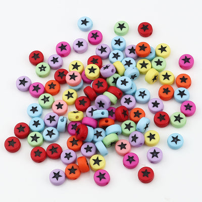 7x3.5mm Flat Round Acrylic Beads ~ Mixed Colours with Black Stars ~ 30 beads