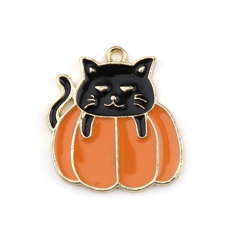 21x20mm Gold Plated Black and Orange Enamel Halloween Pumpkin and Cat Charm