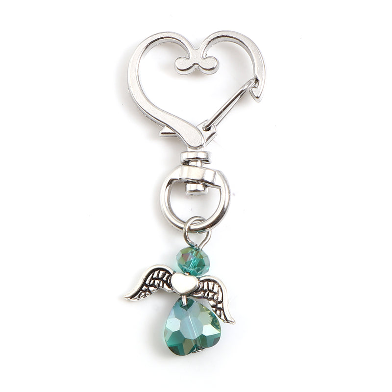 Rhodium Plated Crystal Glass Angel Keyring / Handbag Charm ~ 5.6cm ~ Emerald Color