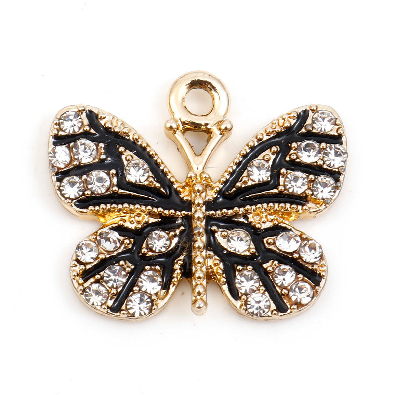 19x17mm Gold Plated Black Enamel Butterfly Charm / Pendant with Crystals