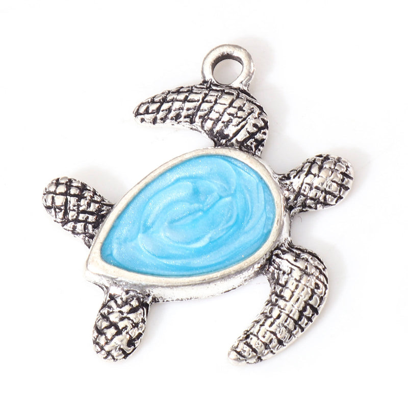 23x21mm Antique Silver Light Blue Enamel Tortoise Charm