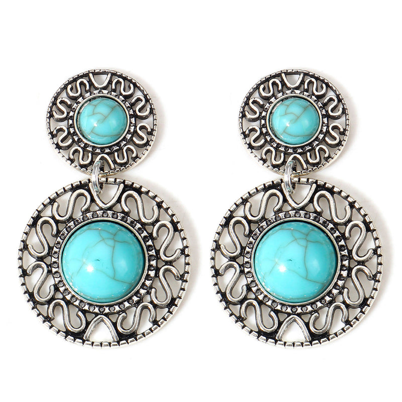 45x23mm Antique Silver Plated Pendant with Resin Imitation Turquoise Cabochons