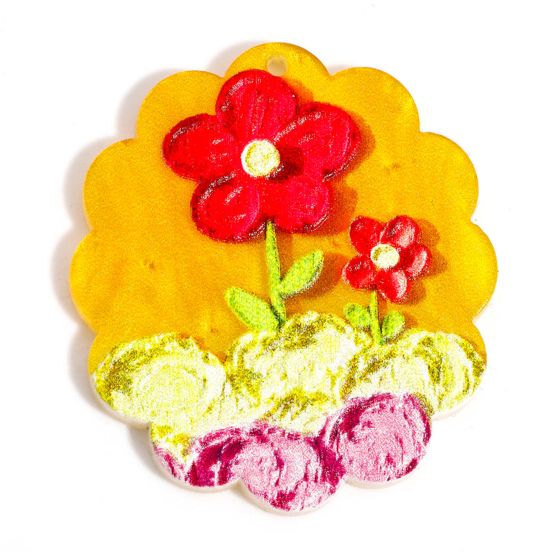 40x35mm Relief Oil Painting Style Acrylic Pendant ~ Red Flower