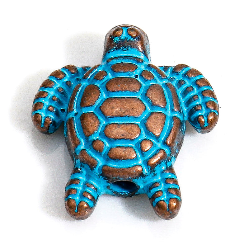 2 x Antique Copper and Blue Patina Turtle Beads ~ 13x12mm