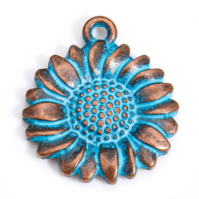 19.5x17mm Antique Copper and Blue Patina Sunflower Charm