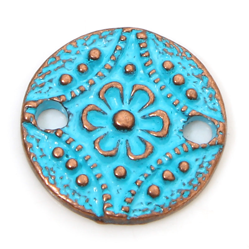 Small 11mm Round Antique Copper and Blue Patina Flower Connector