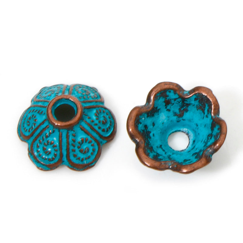 9x8mm Antique Copper and Blue Patina Flower Bead Caps ~ Pack of 10