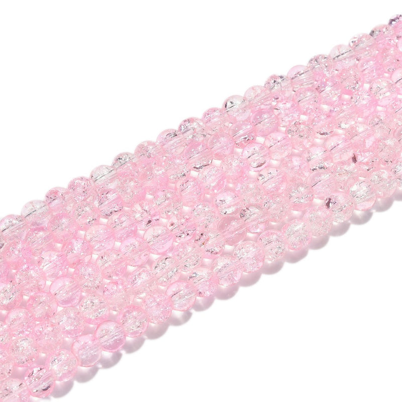 1 Strand of 6mm Round Two-Tone Crackle Glass Beads ~Pink/Crystal ~ approx. 130 beads