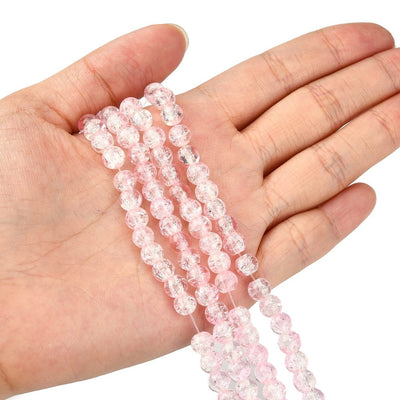 1 Strand of 6mm Round Two-Tone Crackle Glass Beads ~Pink/Crystal ~ approx. 130 beads