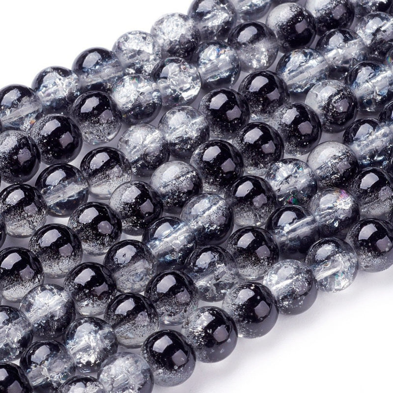1 Strand of 6mm Round Two-Tone Crackle Glass Beads ~Black/Crystal ~ approx. 130 beads