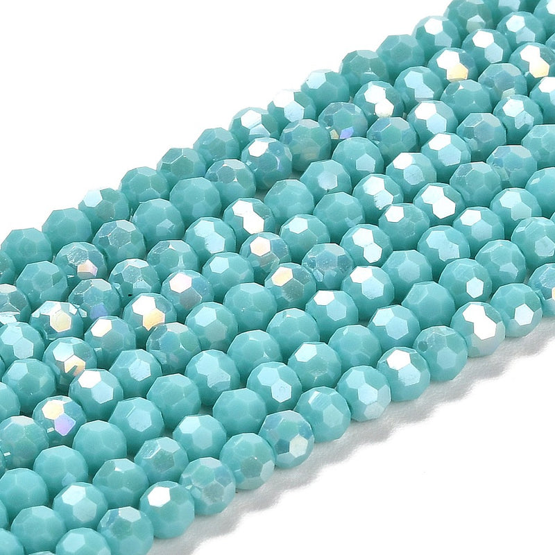 4mm Round Faceted Crystal Glass Beads ~ Opaque Turquoise AB ~ approx. 90 beads/string