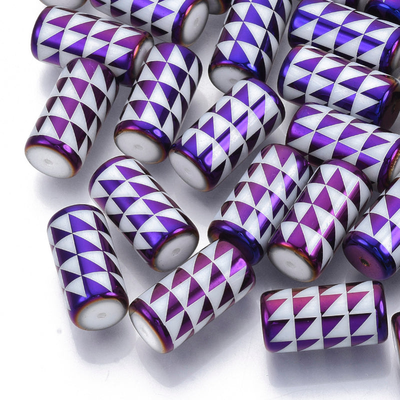 20x10mm Tube Shaped Ceramic Beads ~ White / Purple Plated Triangles ~ Pack of 2