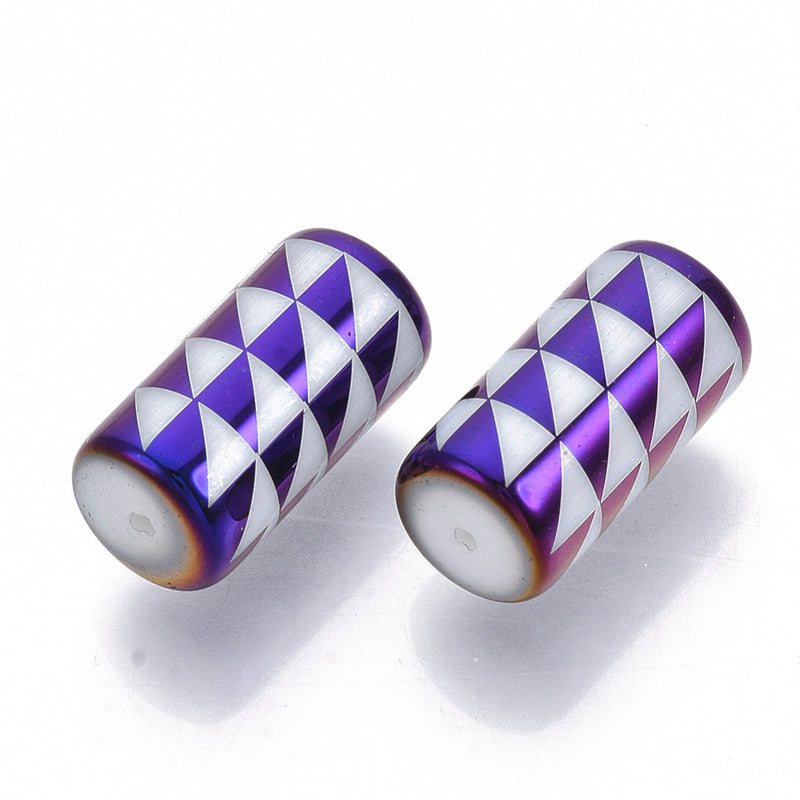 20x10mm Tube Shaped Ceramic Beads ~ White / Purple Plated Triangles ~ Pack of 2