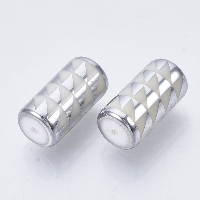 20x10mm Tube Shaped Ceramic Beads ~ White / Silver Plated Triangles ~ Pack of 2